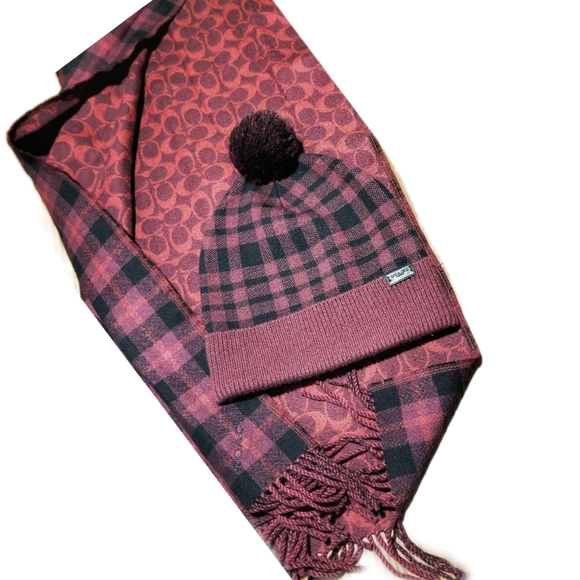 Coach Accessories - COACH \ Black & Burgundy Plaid Pom Beanie & Scarf - Winter Hat Set ~ NWOT